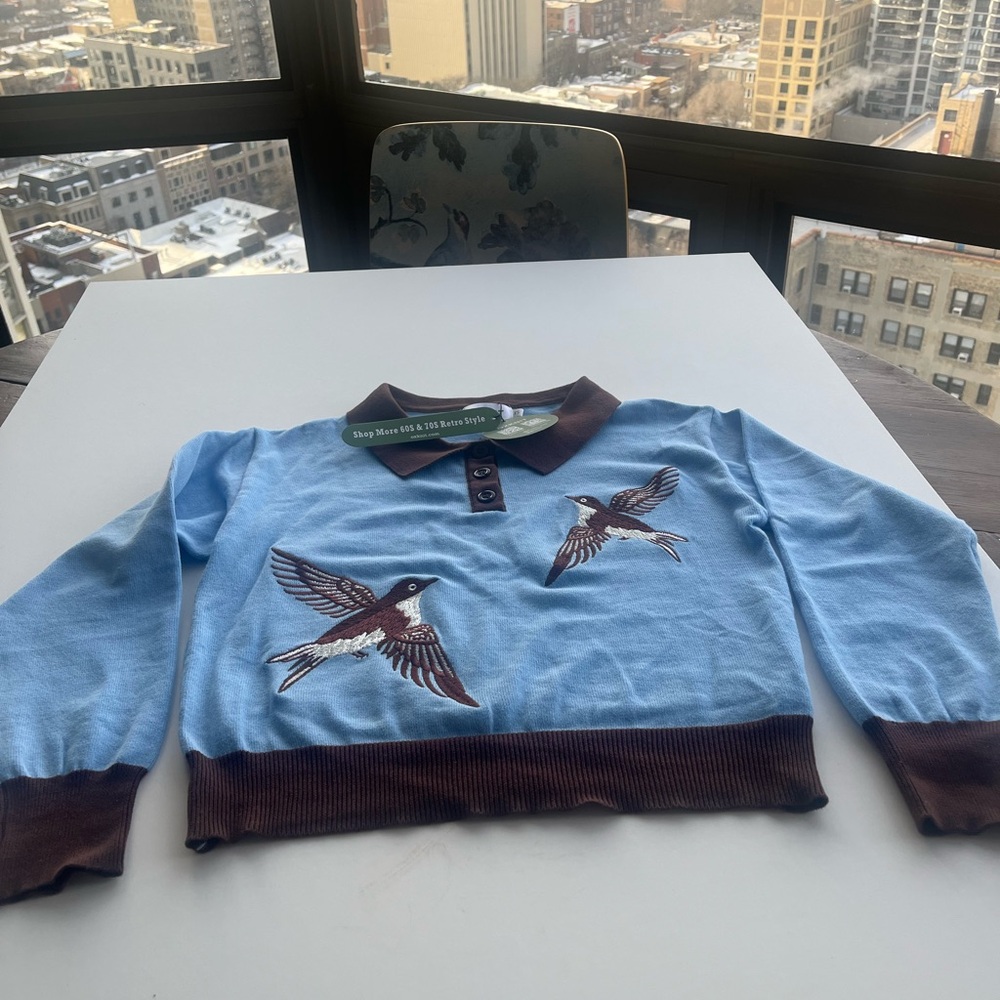 Blue and Brown Bird Embroidered Women's Sweater - Picture 6 of 11